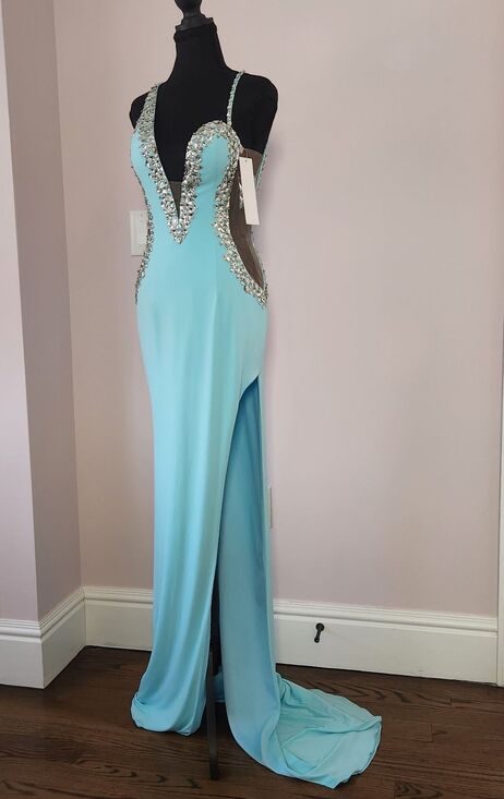 NWT-ONE OF A KIND Jovani Couture Gown Tiffany Blue Slit Dress-Size 4 - Picture 4 of 16